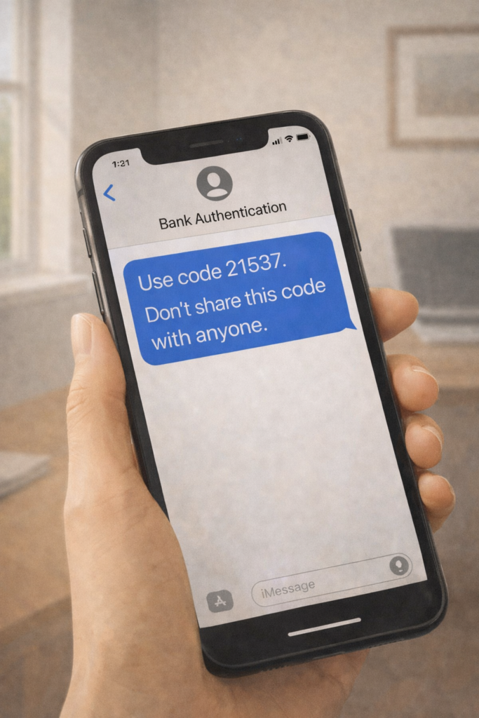 Close-up of an iPhone-style message showing a bank authentication code with a warning not to share it.