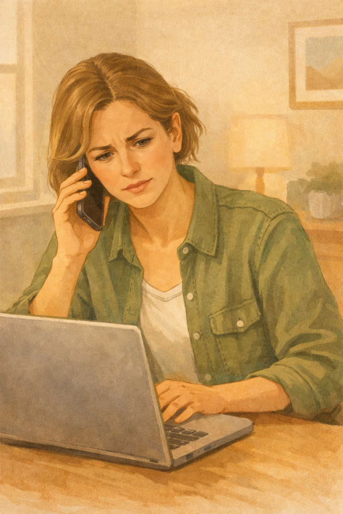 Woman on the phone reviewing information on a laptop, appearing concerned but focused