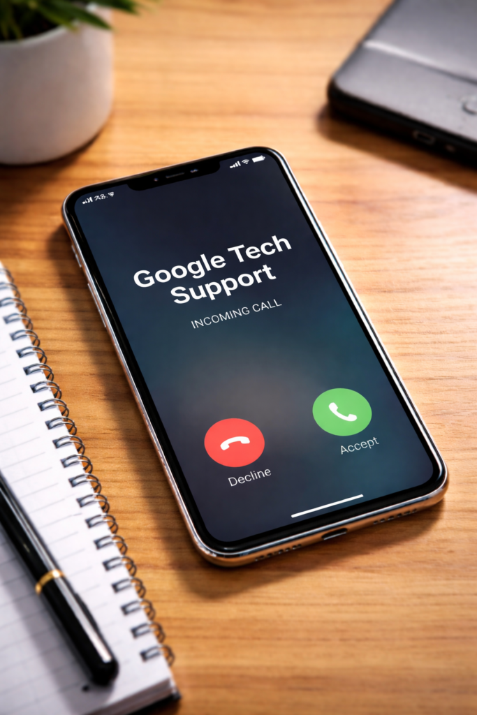 Smartphone on a table showing an incoming call labeled “Google Tech Support,” illustrating a tech support scam