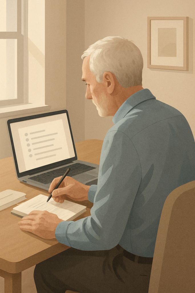 Older man reviewing notes at his desk after realizing he was scammed