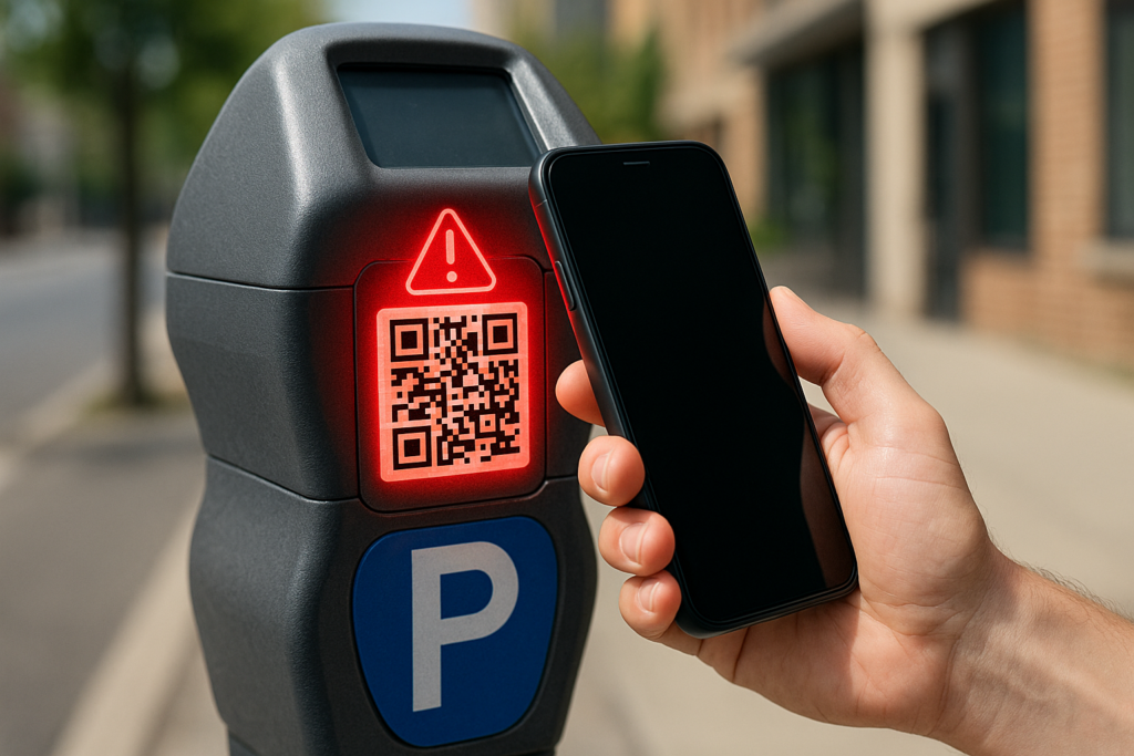 Fake QR code sticker placed on a parking meter being scanned with a smartphone