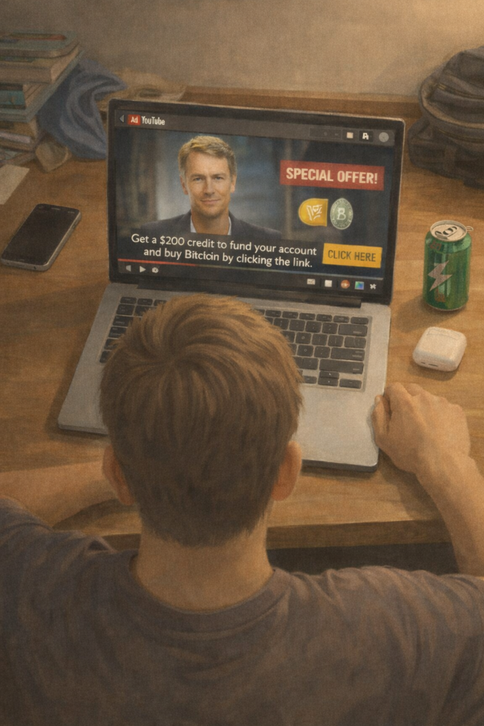 A young man sits at a college desk watching a YouTube advertisement that appears to feature a public figure promoting a cryptocurrency offer.