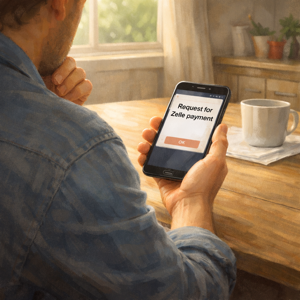 Smartphone displaying a request for Zelle payment while a person reviews it