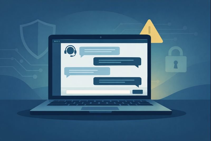 Illustration showing a deceptive online chat interface representing an AI-generated customer support scam