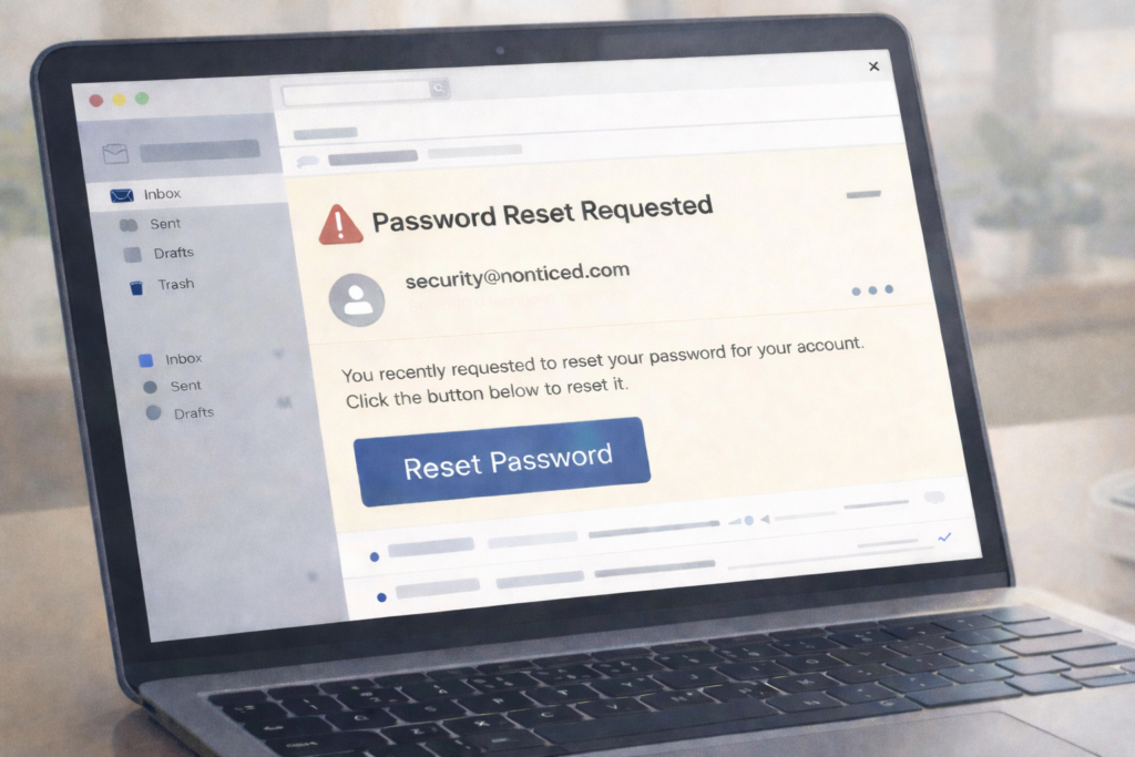 Illustration of a fake password reset email on a laptop screen with a warning symbol, representing an email phishing scam.