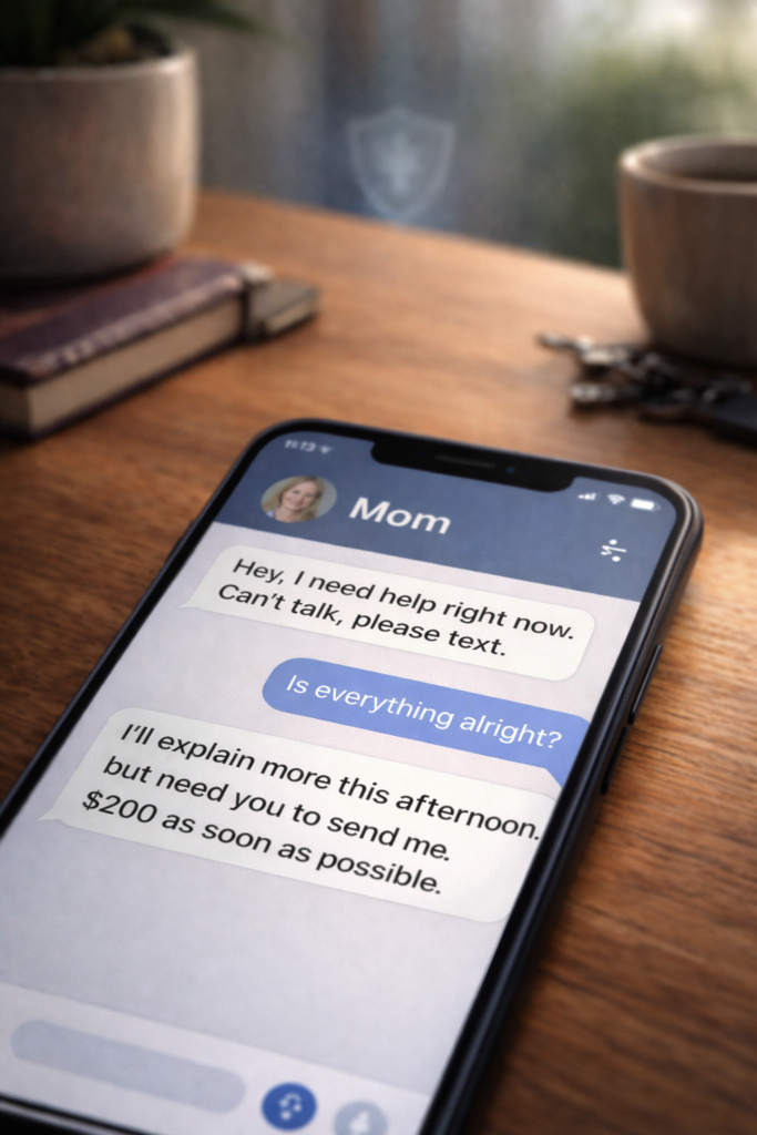 Smartphone showing a text conversation where someone posing as a mother urgently asks for money, illustrating a friend or family impersonation scam.