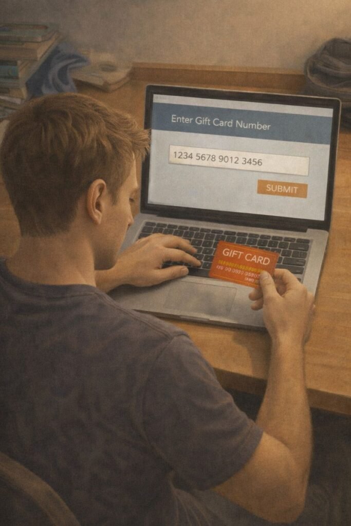 Man entering gift card number on laptop during scam payment