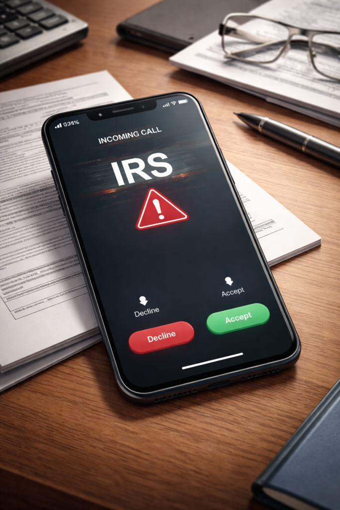 Smartphone displaying an incoming call labeled “IRS” with a subtle warning icon, illustrating a government impersonation scam