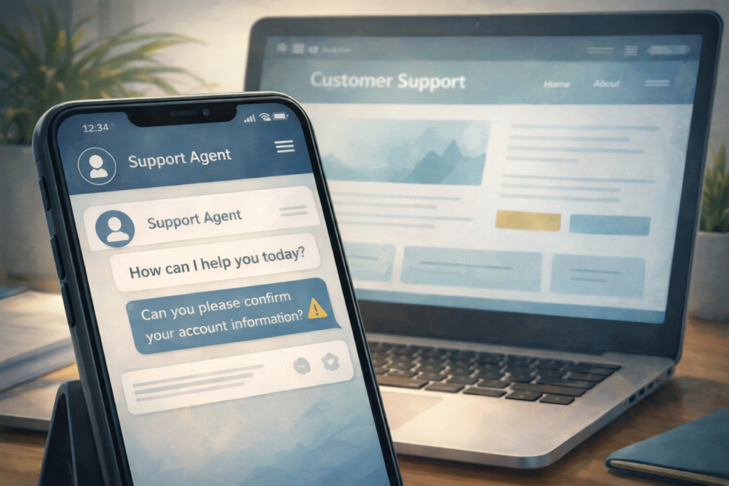 Illustration showing a fake customer support chat on a smartphone next to a desktop computer displaying a customer support website, representing in-app customer support scams and trust hijacking.