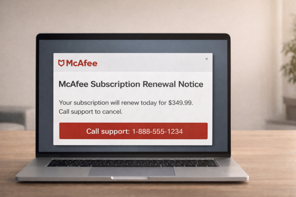 Fake McAfee subscription renewal pop-up warning displayed on a laptop computer screen