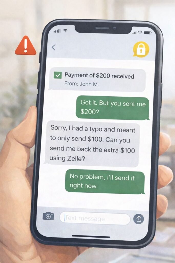 Example text message conversation showing an overpayment scam where someone asks for a $100 refund after sending $200 by mistake.