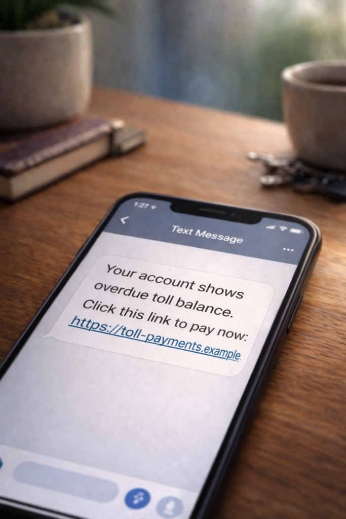 Close-up of a smartphone displaying a text message with a suspicious link requesting payment for an overdue toll balance.