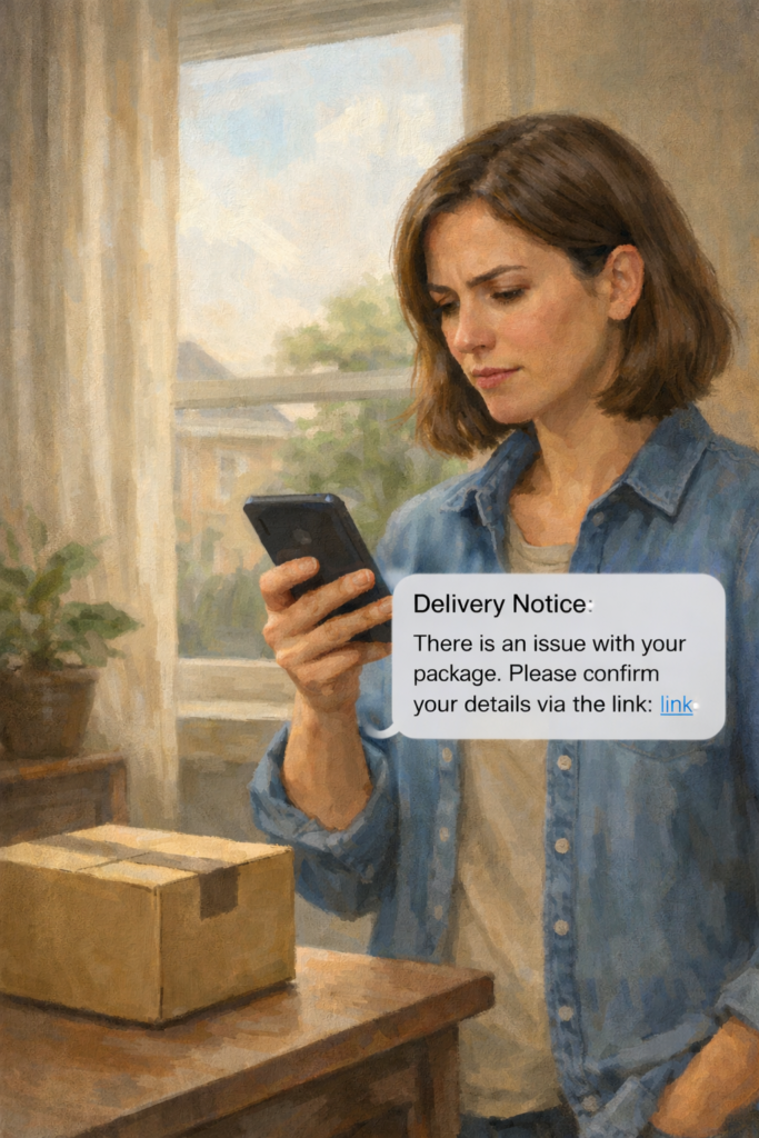 Illustration of a person reading a delivery problem text message on a smartphone next to an unopened package