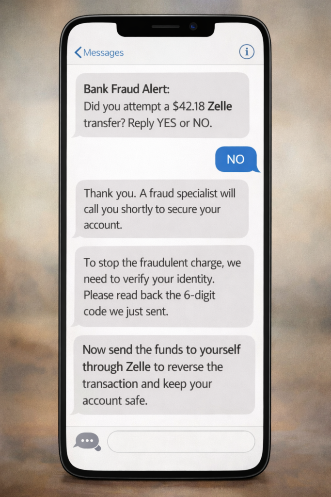 Illustration of a smartphone showing fake bank fraud text messages asking the user to move money through Zelle to a “secure” account