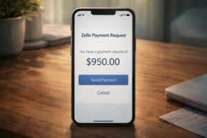 Smartphone displaying a Zelle payment request for $950 on a desk