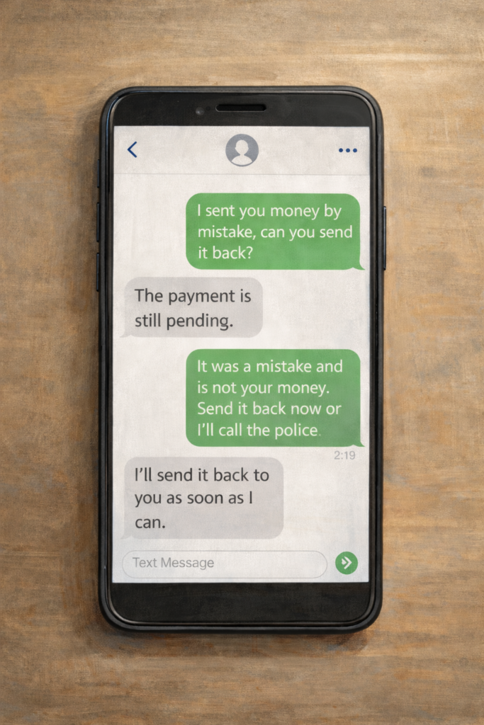 Text message conversation showing a Zelle refund scam where a sender pressures the recipient to send money back by claiming the payment was a mistake and threatening police involvement.