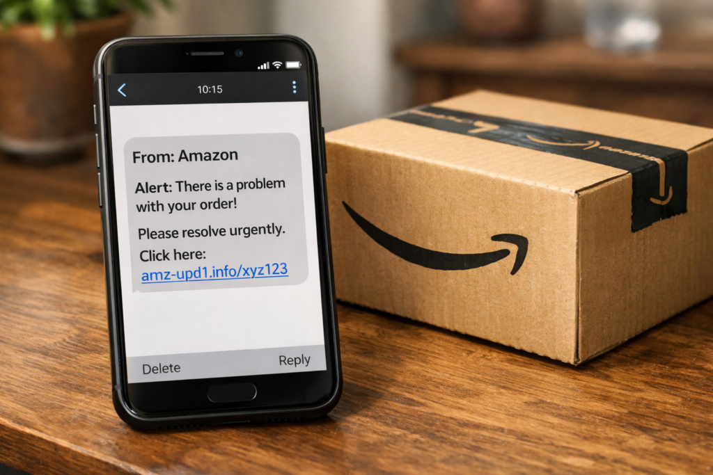 Alt Text: Smartphone showing fake Amazon package notification text next to a delivery box