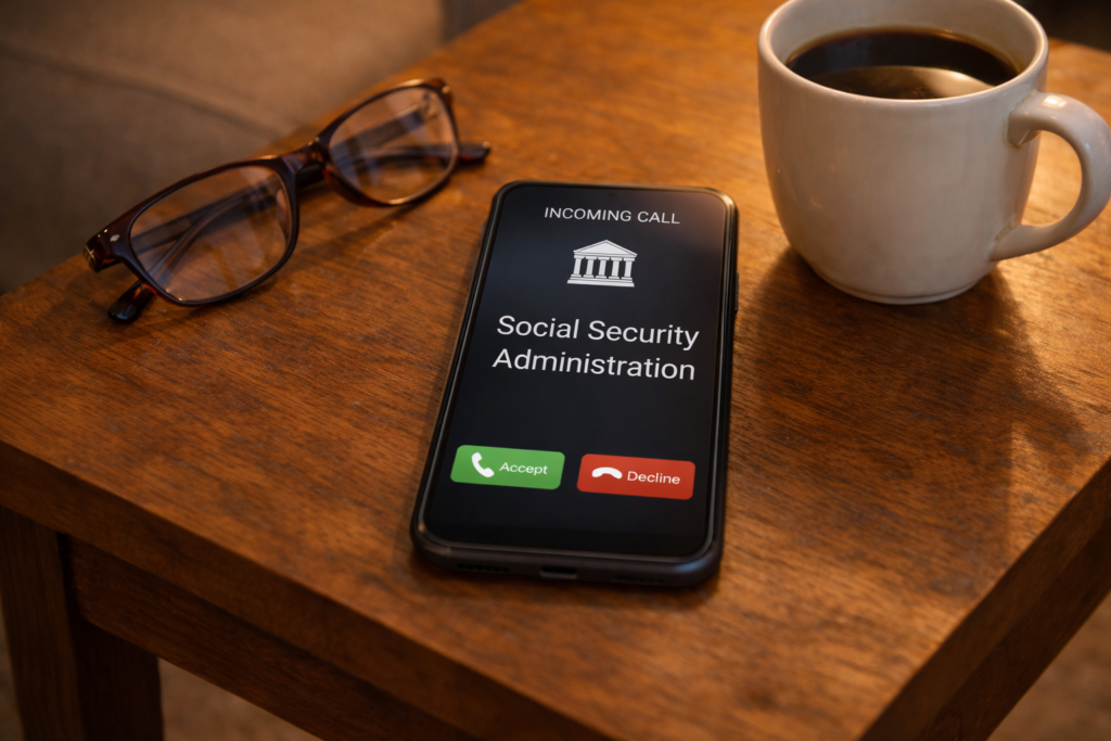 Smartphone showing incoming call from fake Social Security Administration number