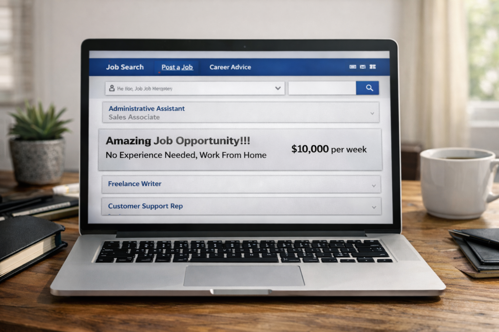 Laptop displaying a suspicious work-from-home job listing offering $10,000 per week with no experience required