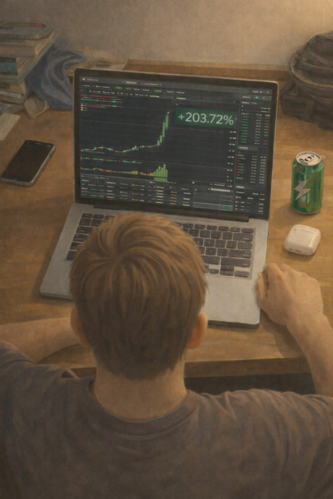 Person looking at a laptop showing a cryptocurrency trading chart with large gains on a fake investment platform