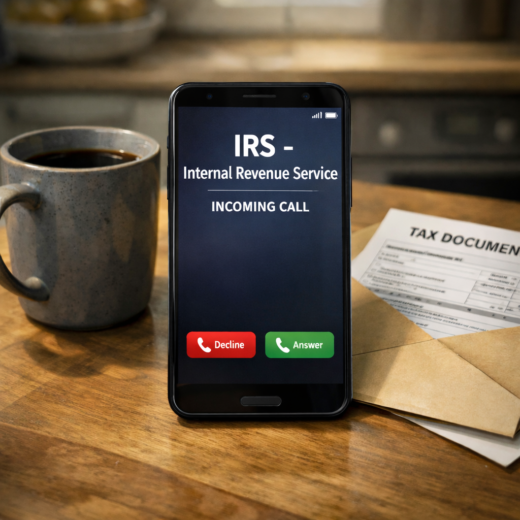 Smartphone showing incoming call from fake IRS scammer