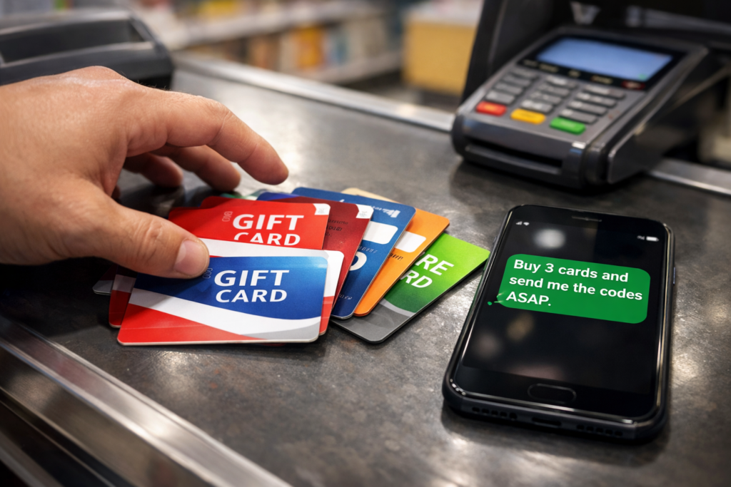 Gift cards on store counter next to phone with urgent text message requesting card codes
