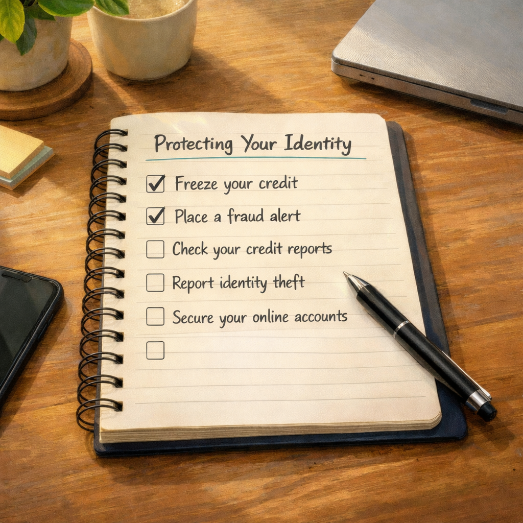 Notebook showing a checklist of steps to take after someone steals your Social Security number, with the first two steps checked off