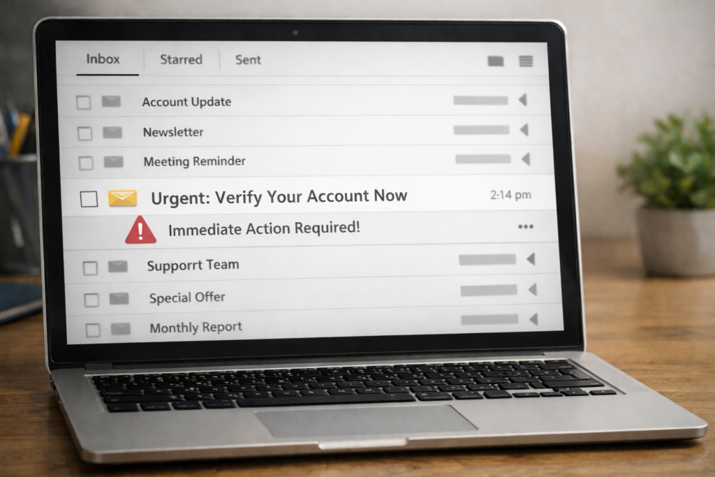 Laptop displaying a suspicious email with the subject “Urgent: Verify Your Account Now,” highlighting a common phishing scam