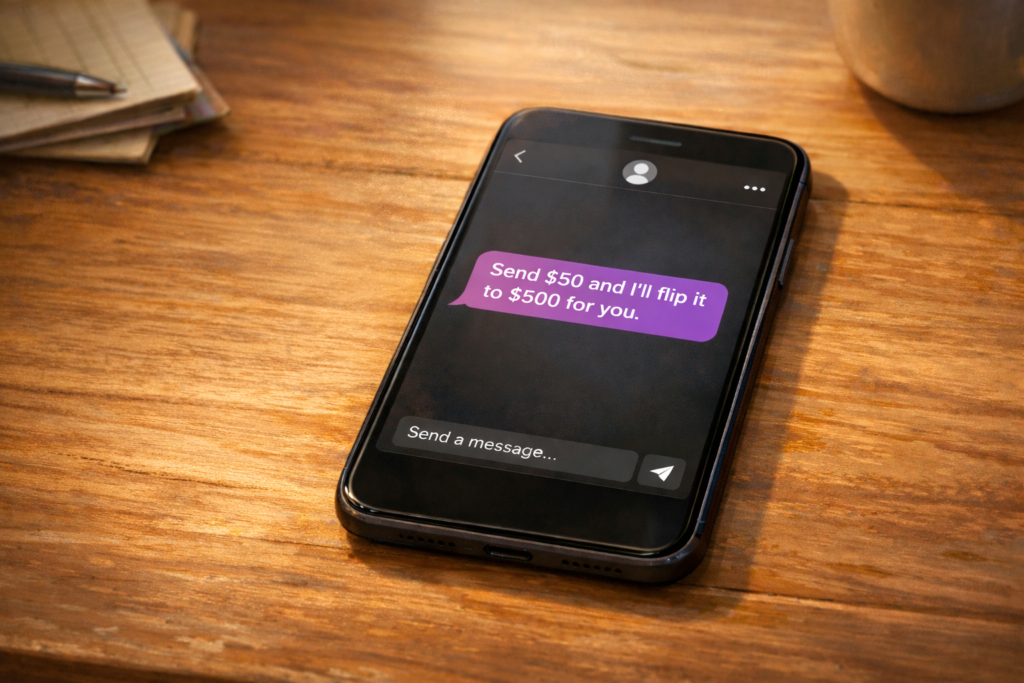 Smartphone showing a direct message offering to turn $50 into $500 in a money flip scam